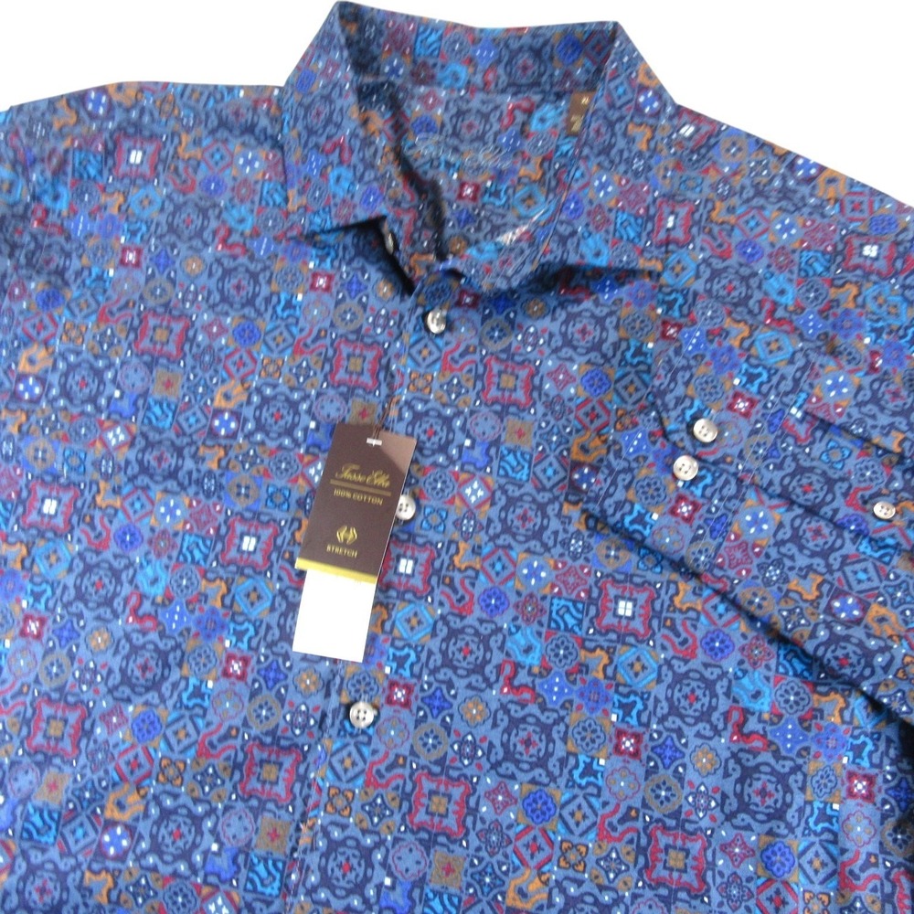 New Tasso Elba Mens Button Down Shirt XL Blue Geometric Print 100% Cotton